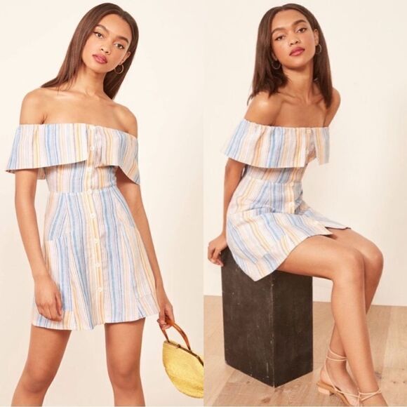 Reformation Landy Marbella Off Shoulder Linen Stripe - Picture 1 of 10